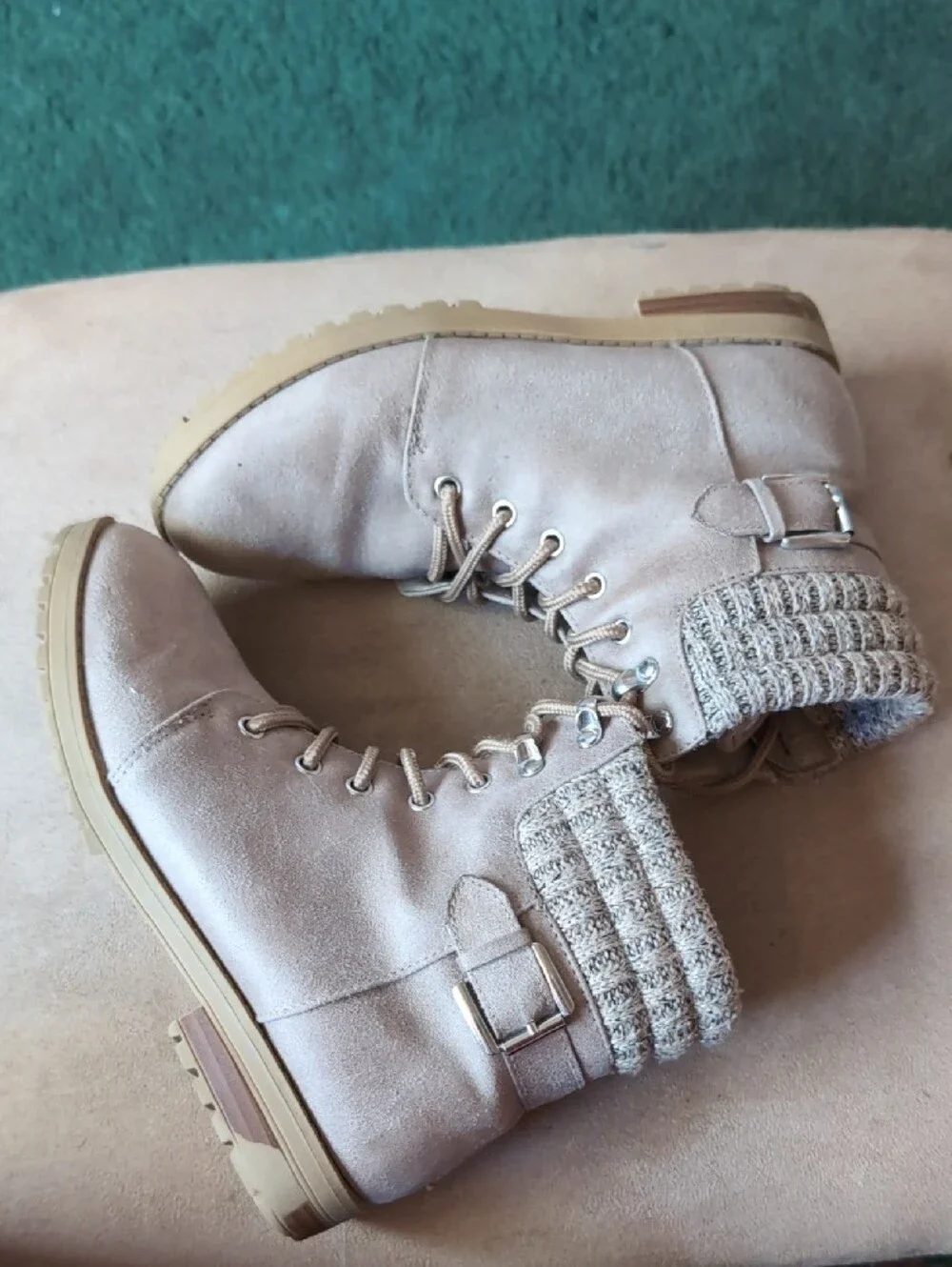 Girl's Taupe Knit-Cuff Lace-Up Boots